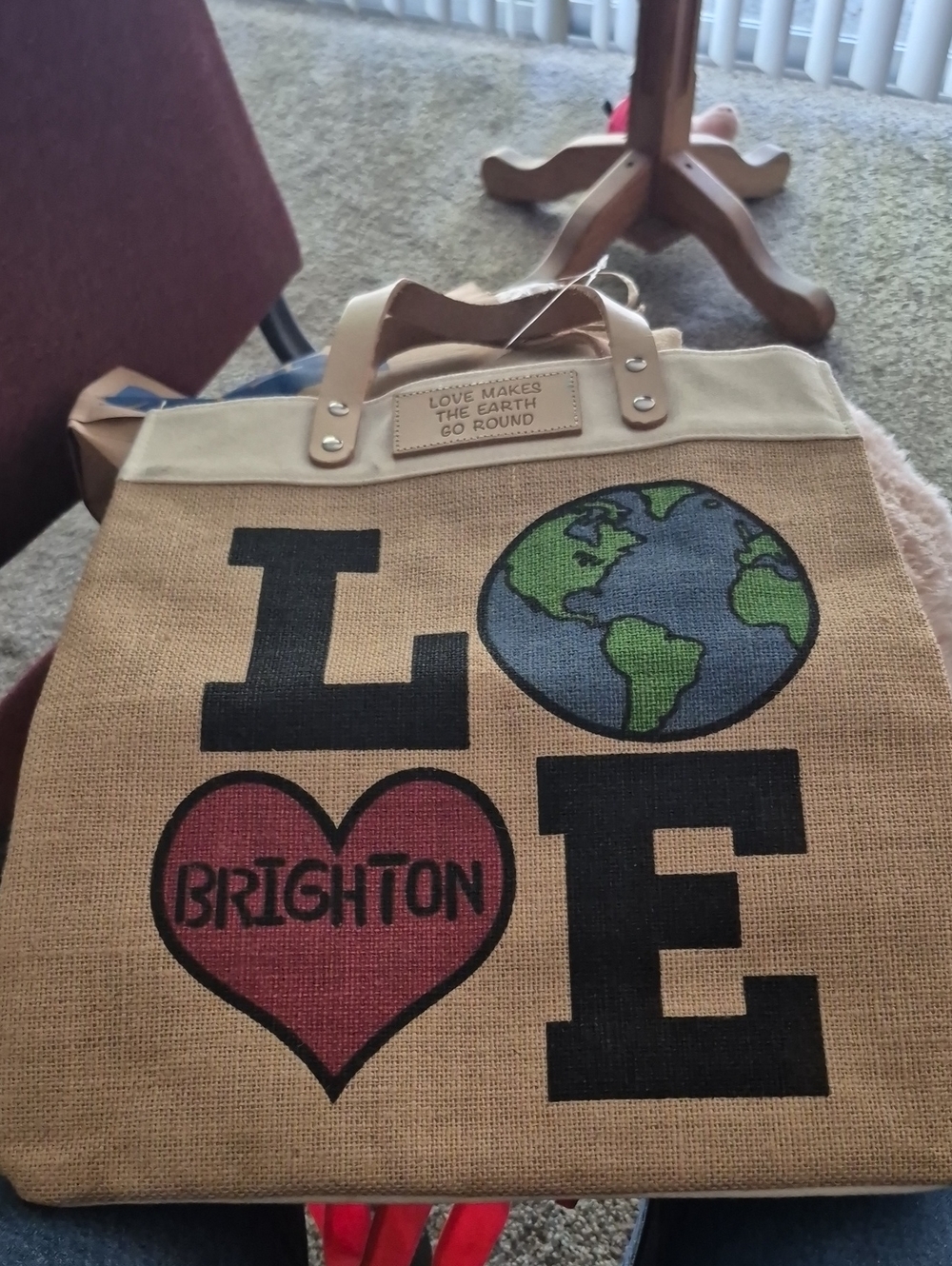 Brighton Natural Jute Tote with Red Heart and Blue-Green Earth